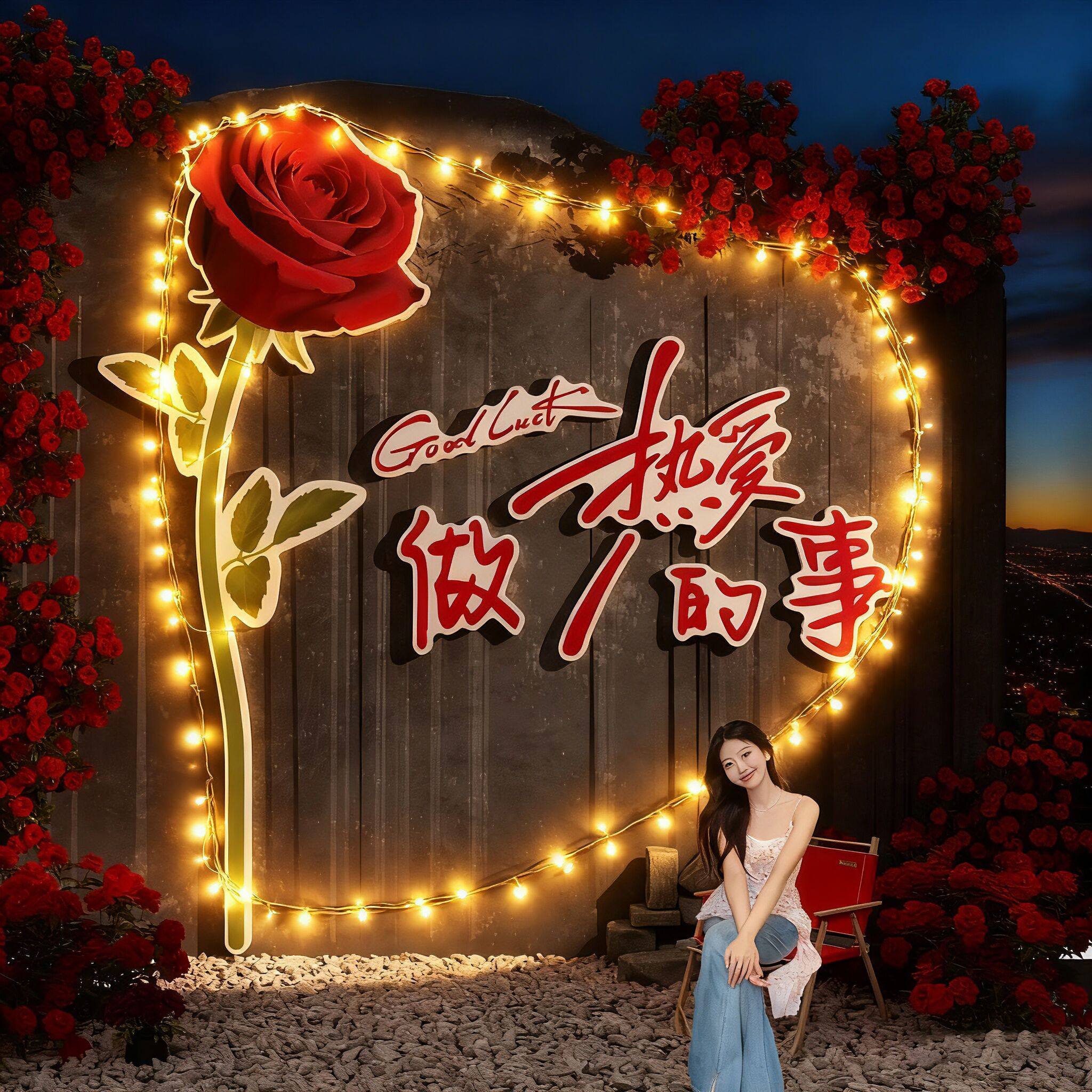 网红打卡七夕氛围布置玫瑰花形象墙面装饰造景户室外2026小院背景图片