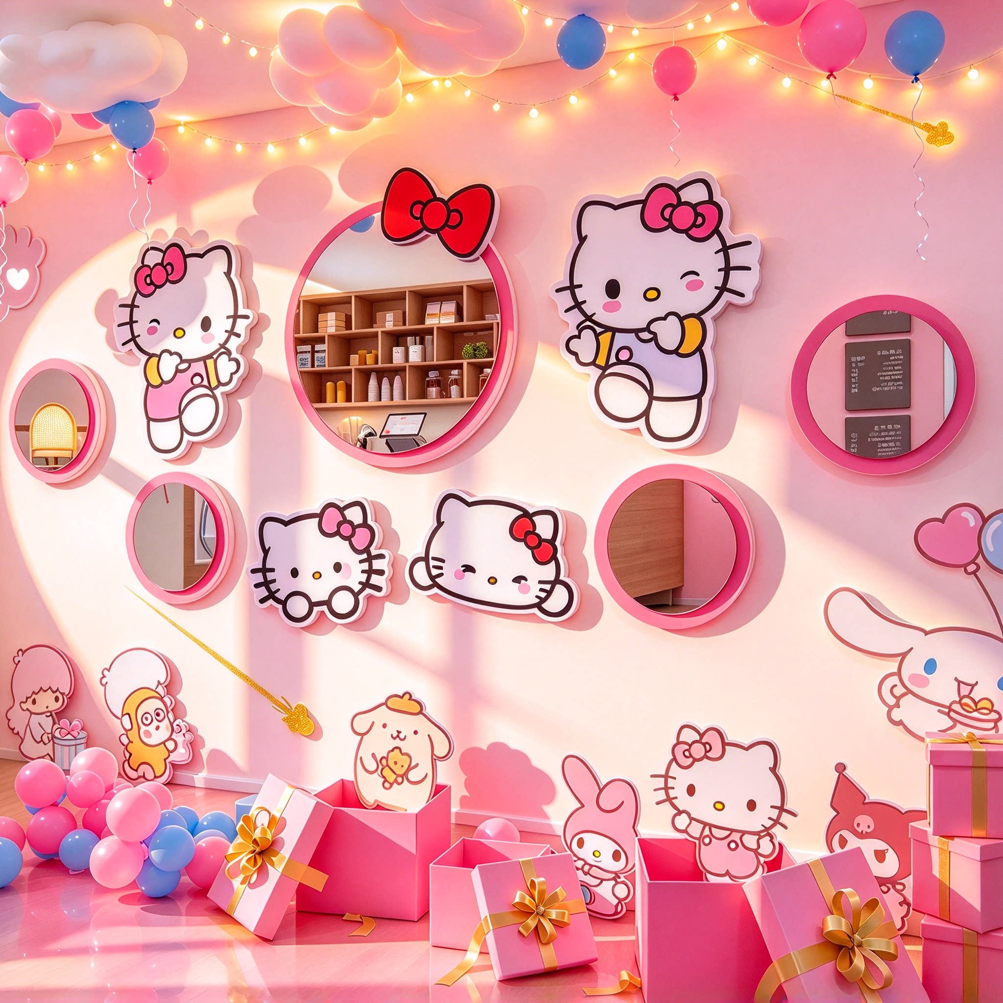 HelloKitty网红镜子打卡拍照区咖啡蛋糕店馆墙面装饰氛围布置形象