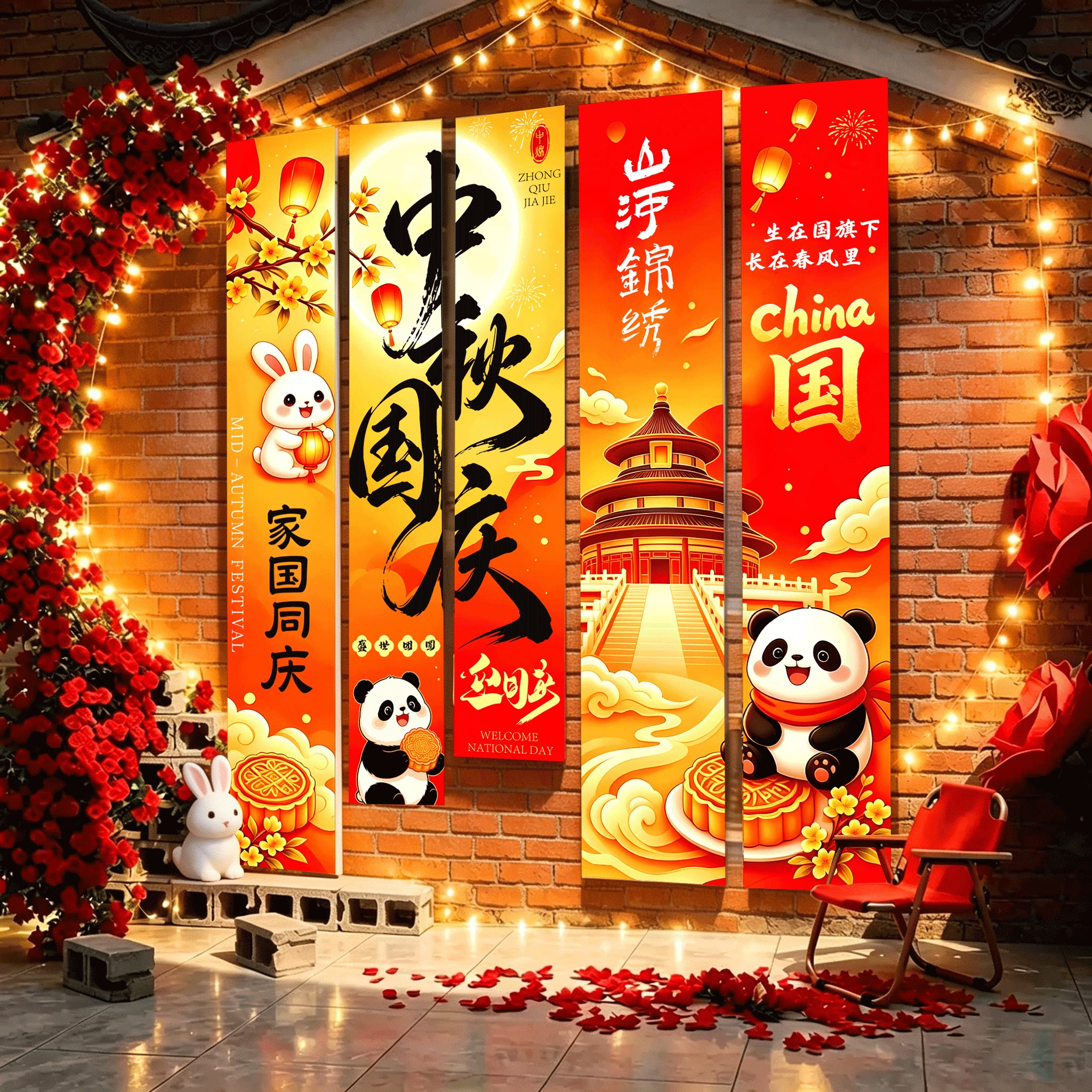 网红打卡拍照区小院户室外中秋节国庆主题场背景氛围布置装饰墙贴