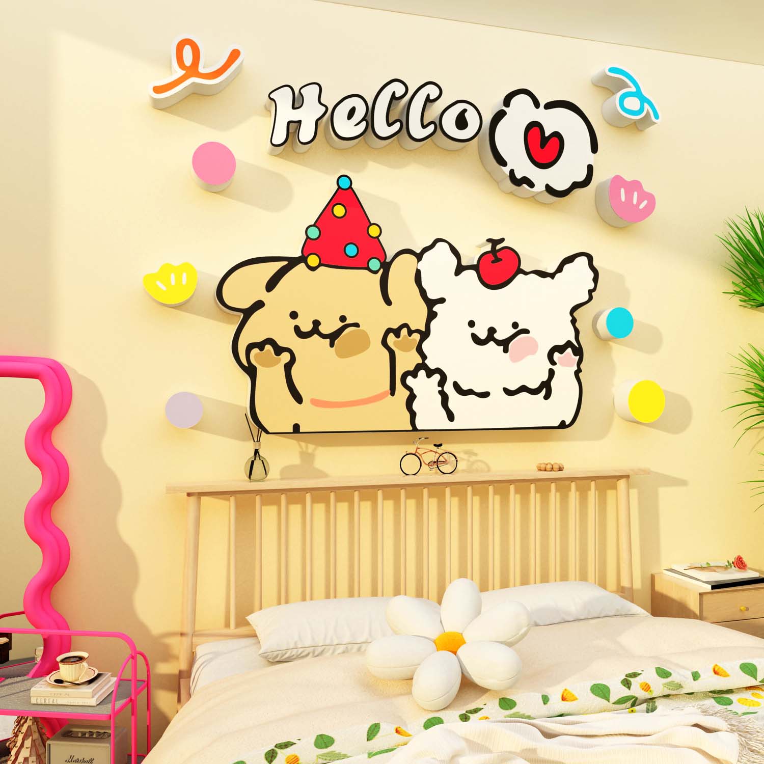 线条小狗贴纸女孩卧室儿童房间生日布置装饰床头墙面画环创海报