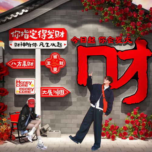 2026网红打卡拍照区场造背景氛围布置农村花墙面装饰发财字贴纸画