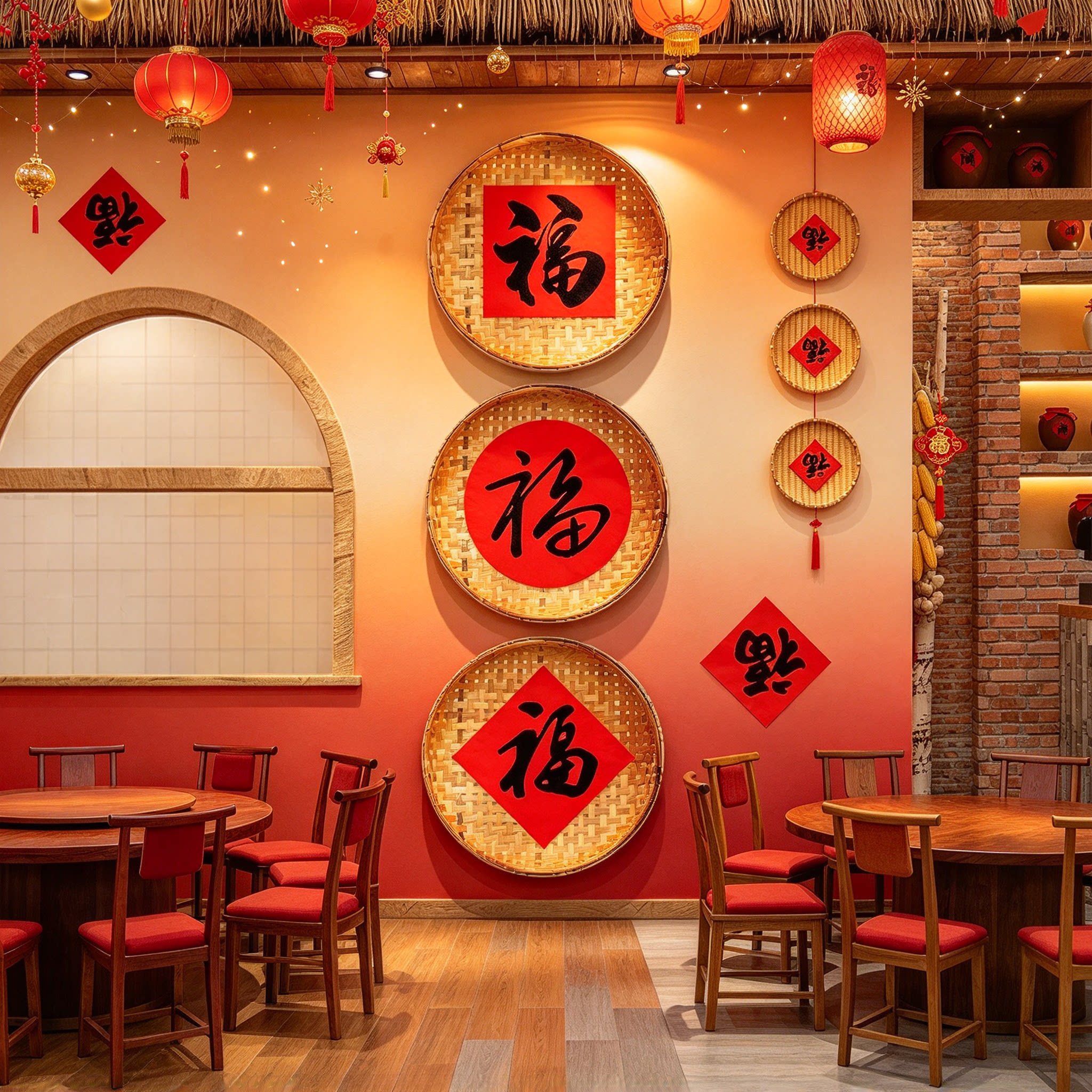 2027新年网红打卡东北农家乐院饭店墙面装饰餐饮福字氛围布置簸箕