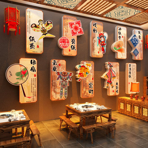 网红打卡公仔国潮文化墙面装饰餐饮火锅饭店壁画2026新年氛围布置