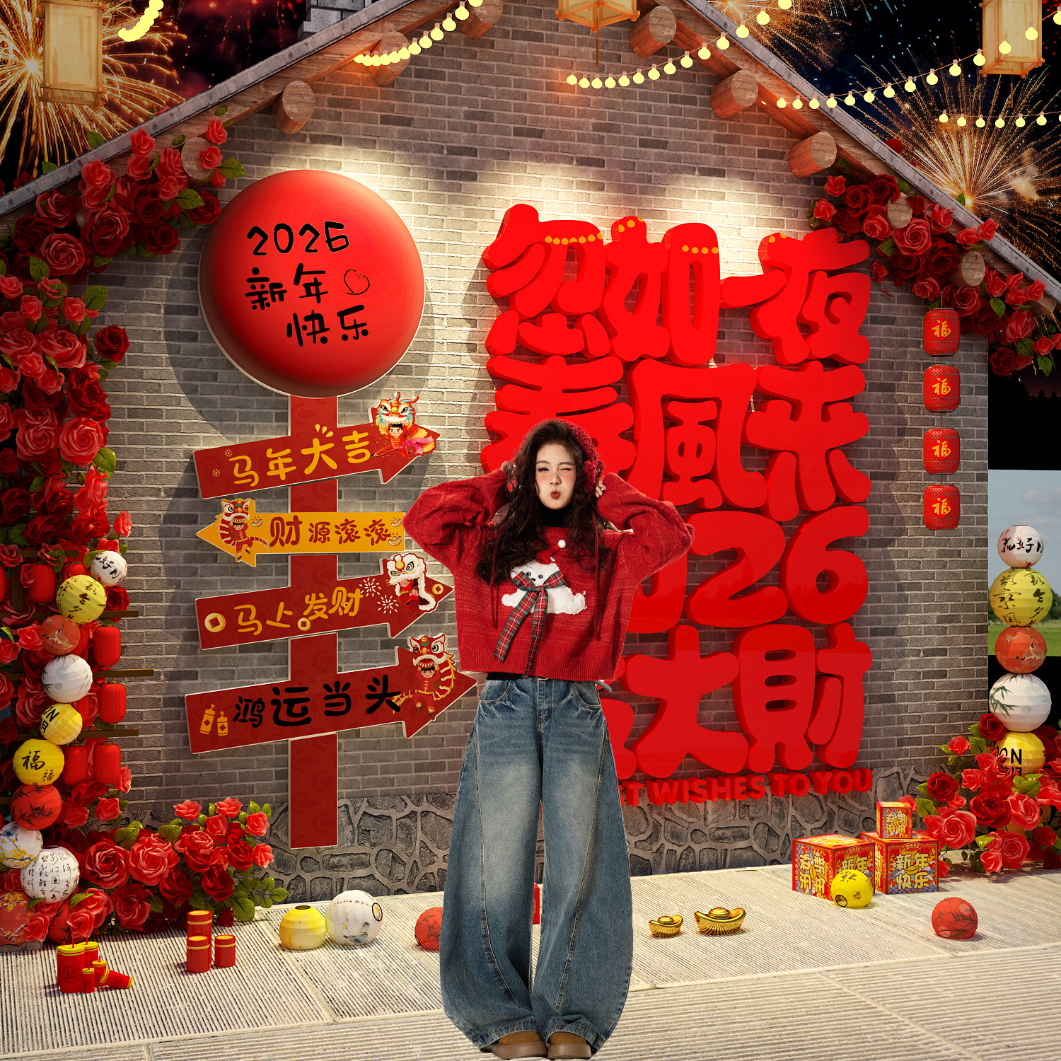2026跨过新马年元旦春节红墙面装饰贴网红打卡拍布置氛围小院造景,家居饰品,软装墙贴,淘宝优惠券,粉丝福利购,淘宝优惠卷