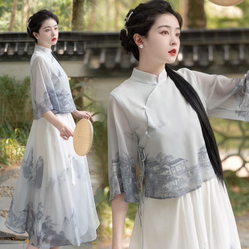 新中式国风改良旗袍盘扣上衣半裙女2025新款两件套水墨画汉服套装