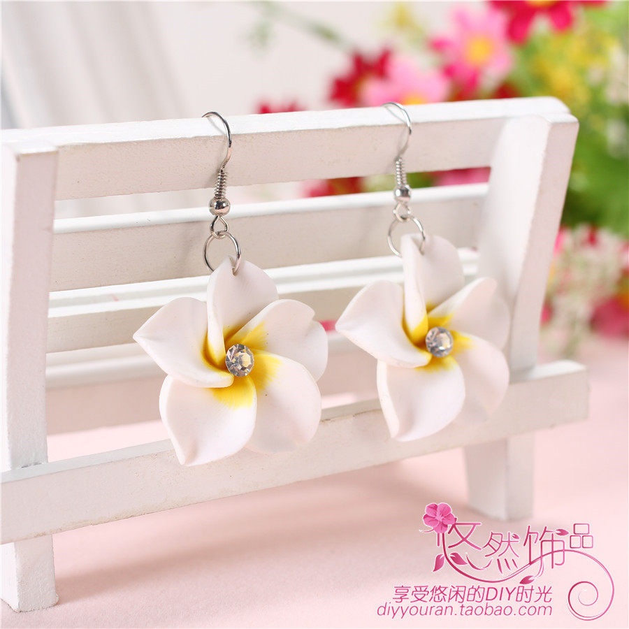 30mm纯手工甜美软陶花鸡蛋花耳环耳坠波西米亚 沙滩度假耳环饰品