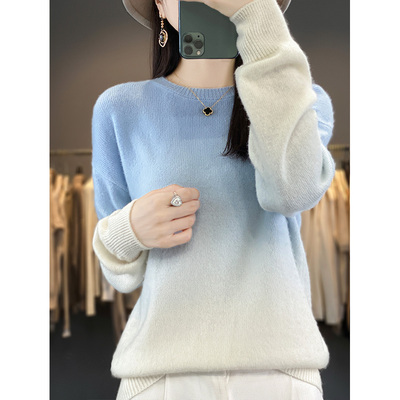秋冬新款100%纯羊绒衫女圆领渐变色羊毛衫套头针织衫吊染宽松毛衣