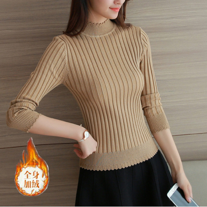 加绒毛衣女套头修身2024新款秋冬季加厚保暖衣服打底针织衫短款潮