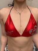 LUVS7原创烫钻亮面镭射PU皮性感派对辣妹比基尼