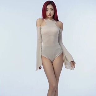 黑暗荣耀连体衣超长袖细闪露肩黑丝上衣heels显腿长舞蹈穿