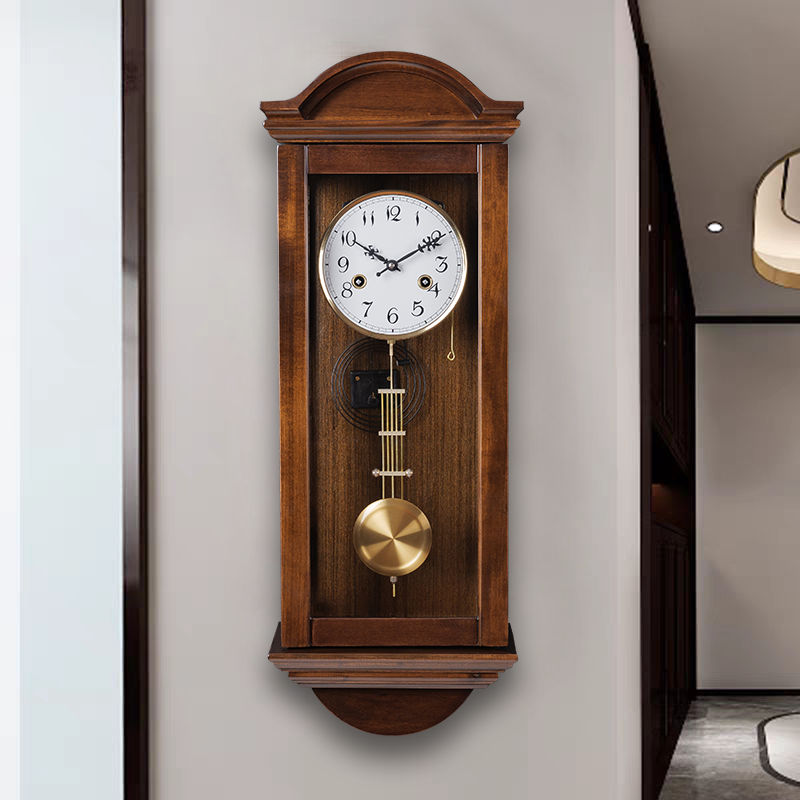 实木机械挂钟客厅老式复古报时挂表家用创意装饰时钟发条机械钟表