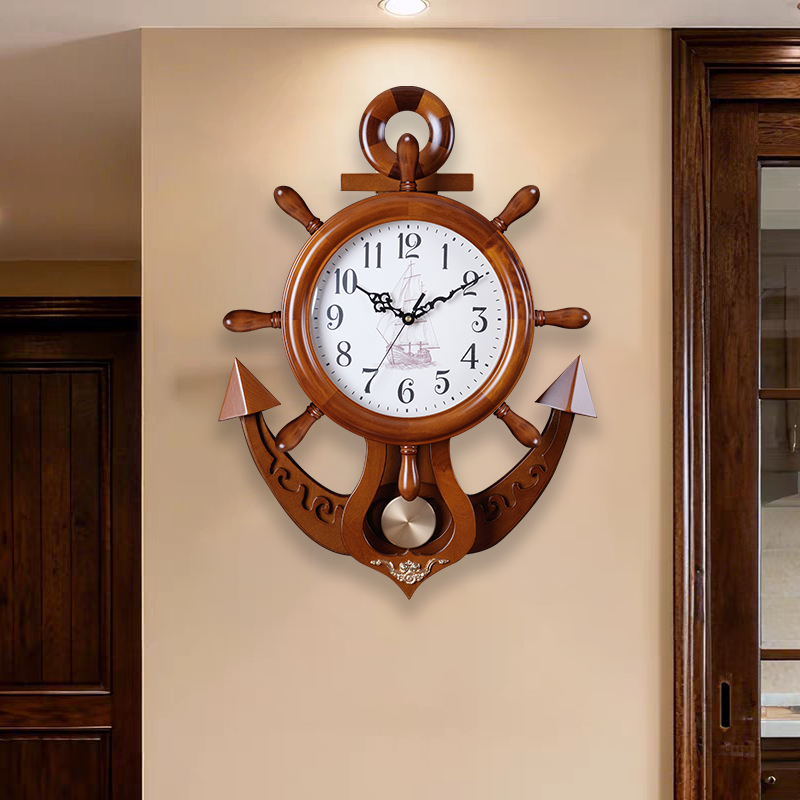欧式船舵挂钟客厅实木钟表家用挂墙创意时钟现代简约静音大气挂表