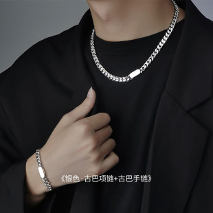 S925纯银古巴项链男款潮流个性嘻哈风饰品椭圆形可刻字男士粗狂宽