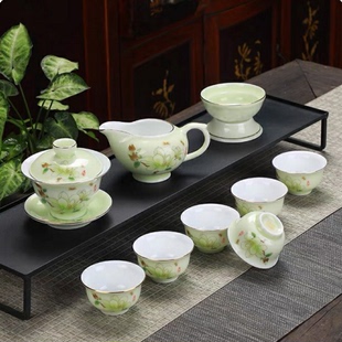 陶瓷茶碗三才盖碗羊脂玉茶具茶壶白瓷景德镇青花瓷玲珑镂空茶杯