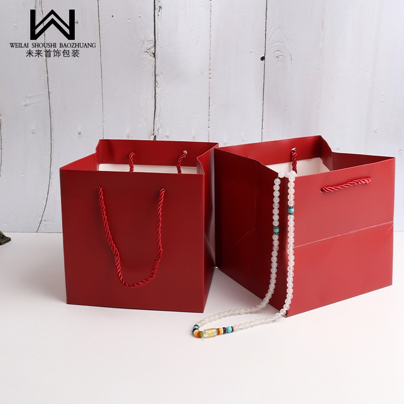 珠宝首饰手提袋饰品收纳袋纸袋子方形无字三股绳印logo纯色购物袋