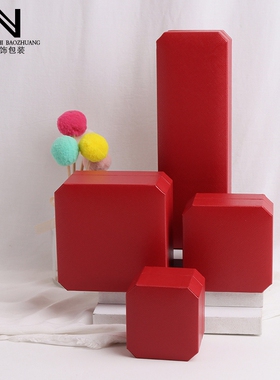 红色八角翻盖首饰盒时尚饰品包装网格纹戒指珠宝礼盒项链手镯手链