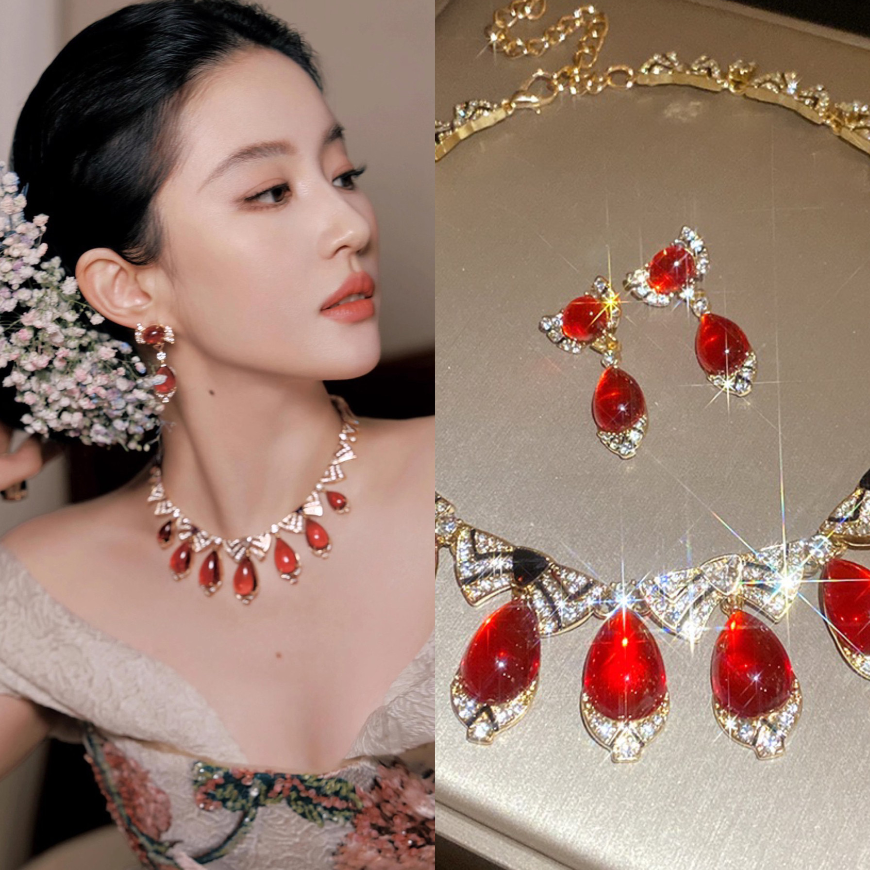 刘亦菲同款欧美时尚新娘婚纱水滴造型锆石轻奢套链项链耳钉套装