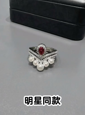 这一秒过火任素素王楚然同款戒指复古时尚淡水珍珠微镶皇冠指环女