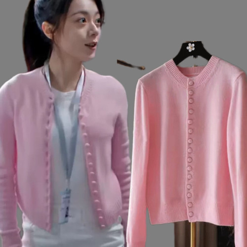 骄阳似我赵今麦聂曦光同款粉色圆领针织衫短款开衫甜美外穿毛衣女