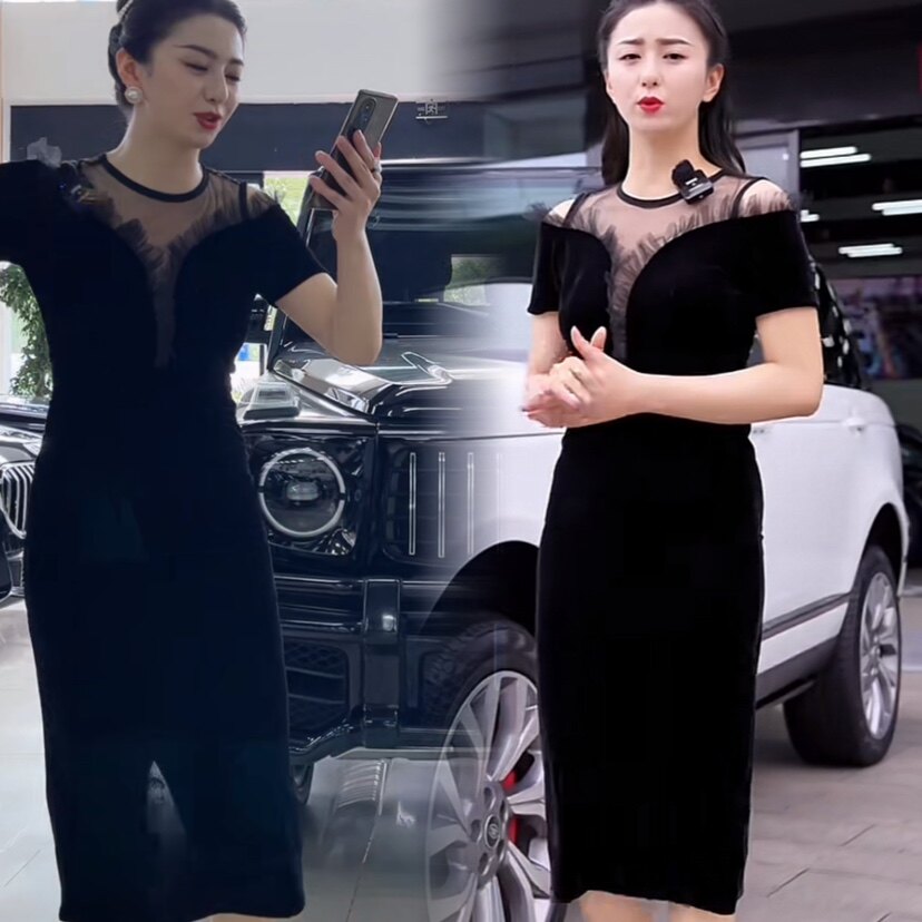 琪琪网红明星同款晚礼服女年会长款晚装钉珠网纱连衣裙