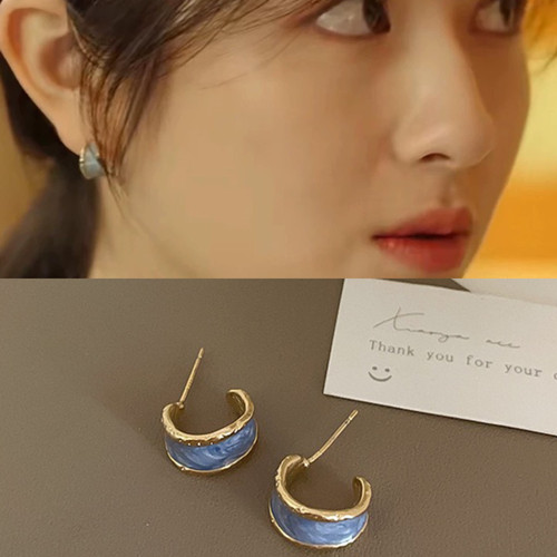 滤镜苏橙橙李兰迪同款蓝色耳环不规则滴油金属高级感百搭耳钉耳饰