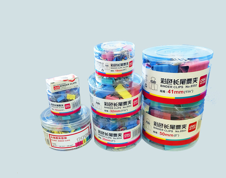 得力彩色长尾票夹 筒装 学习办公票据燕尾夹多型号办公长尾夹子