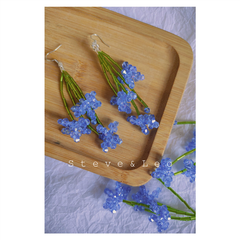 一首田园诗*兰物语*【原创】手工串珠花朵少女夏蓝色水晶耳环