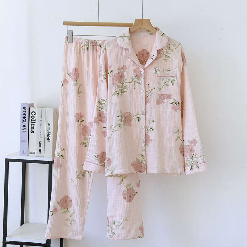 春夏薄款绉布纯棉双层纱布睡衣女长袖长裤全棉开衫大花家居服粉色