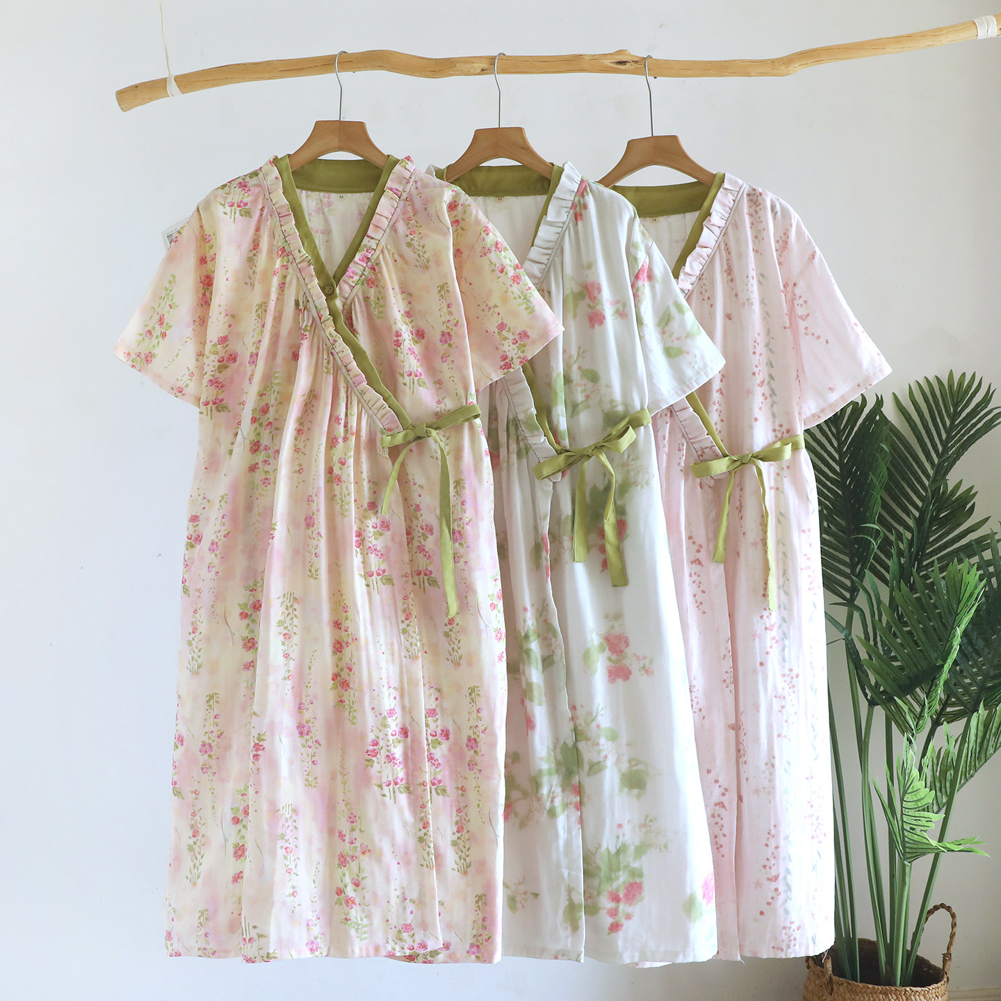 国风汉服夏季纯棉纱布短袖睡裙女开衫系带全棉碎花浴衣睡袍中长款图片