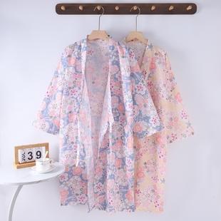 夏季纯棉双层纱布睡袍日式和服浴衣女中长款开衫和风系带日系樱花