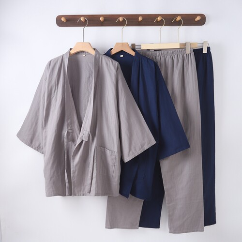 男纯棉双层纱布日式和服睡衣