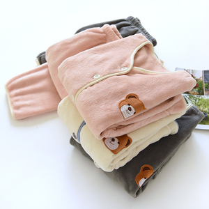 秋冬法兰绒睡衣女加绒加厚珊瑚绒家居服V领卡通可爱保暖小熊平口