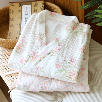 夏季纯棉双层纱布浴衣女日式和服睡袍开衫系带日系碎花泡泡纱婴儿