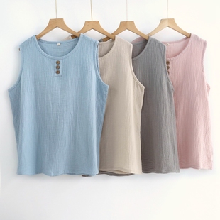 夏季纯棉双层纱布睡衣背心女纯色圆领无袖上衣纯色日系大码泡泡