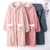 秋冬法兰绒睡裙连帽中长款 开衫 加绒加厚珊瑚绒家居袍卡通条纹耳朵