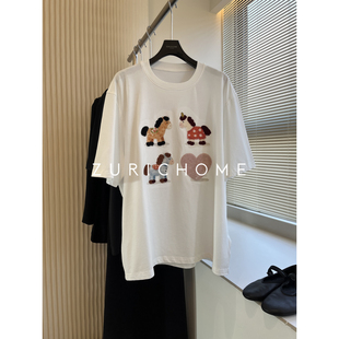 ZURICH HOME 趣味青春 可爱植绒爱心小马 圆领套头短袖印花T恤