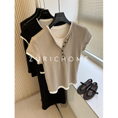 棉质短袖 休闲亨利领 T恤上衣 显瘦 拼色叠穿假两件 合身款 舒适修身