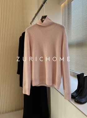 ZURICH HOME柔婉大小姐樱花粉 洋气庸懒糯软堆堆领粉色山羊绒毛衣