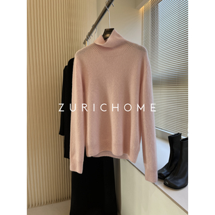 ZURICH HOME柔婉大小姐樱花粉 洋气庸懒糯软堆堆领粉色山羊绒毛衣