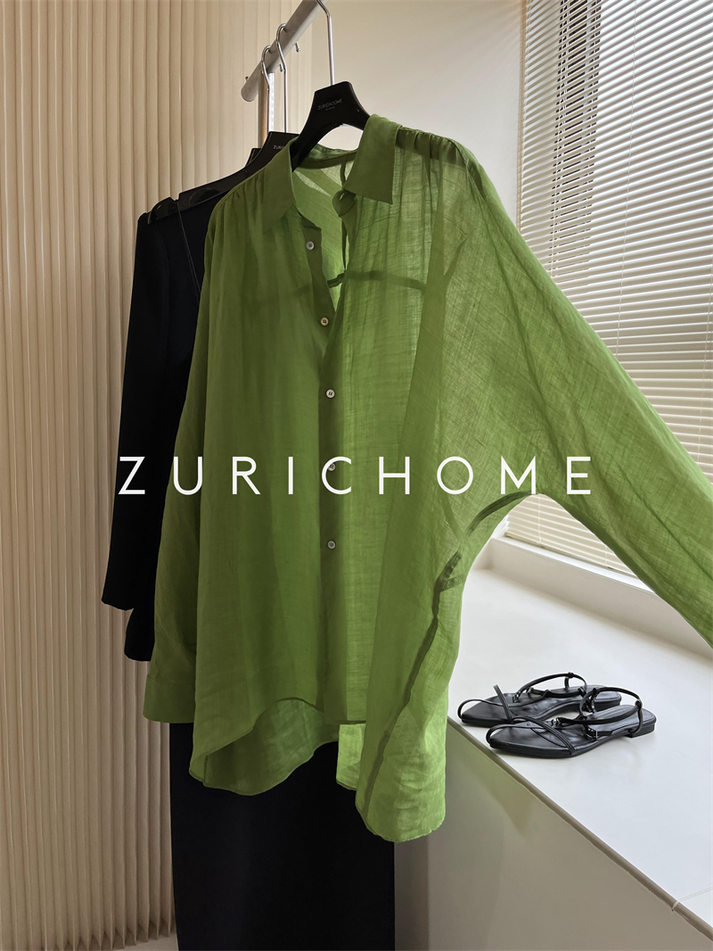 秀媚翠绿一见欣喜蝙蝠袖麻衬衫