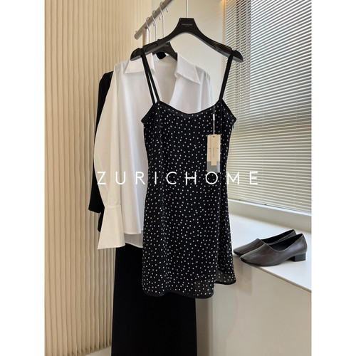 法风女孩复古波点短款吊带连衣裙