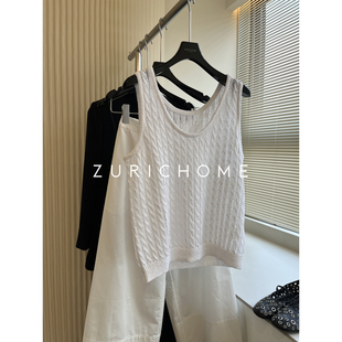ZURICH HOME 休闲老钱干净镂空百搭白色绞花圆领亮片针织背心上衣