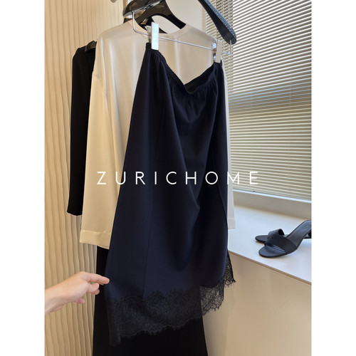 高及舒适羊毛蓝色拼蕾丝直筒半裙