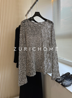 ZURICH HOME 洋气三色花纱休闲百搭针织镂空圆领长袖针织罩衫上衣