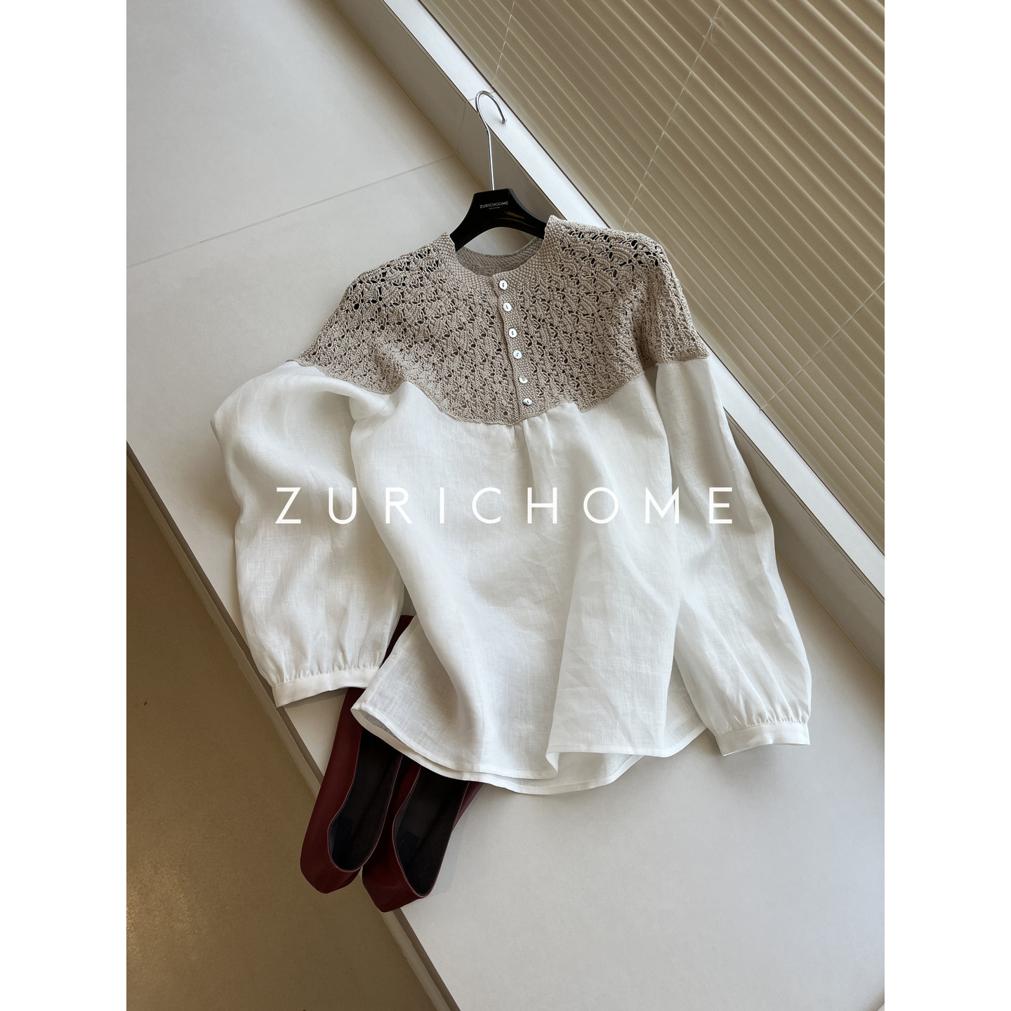 ZURICH HOME 休闲洋气 亚麻拼接和纸纱重工钩花白色圆领衬衫上衣