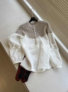 ZURICH HOME 休闲洋气 亚麻拼接和纸纱重工钩花白色圆领衬衫上衣