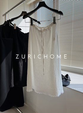 ZURICH HOME 归回本我 麻料肌里 南法假日风亚麻白色毛边抽绳半裙