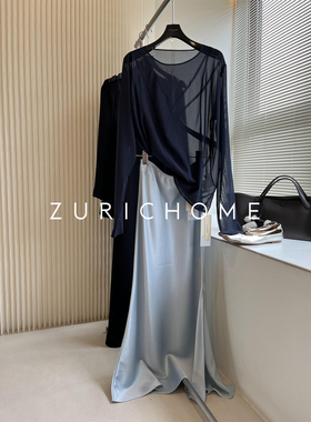孤ZURICH HOME  清雅冰川蓝 丝滑垂感缎面侧开叉蓝色醋酸半裙