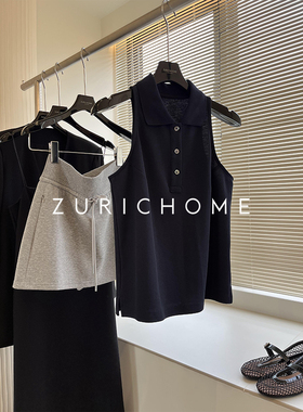 青春减龄网球风 高智少年感蓝色挖肩款POLO领休闲运动背心上衣