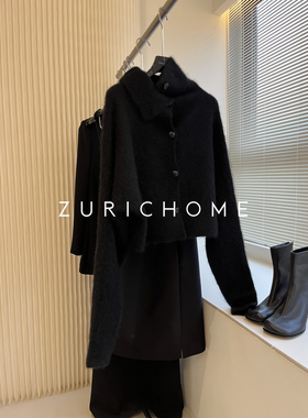 ZURICH HOME  可爱毛茸 黑色庸懒 气质高领堆堆领马海毛开衫外套